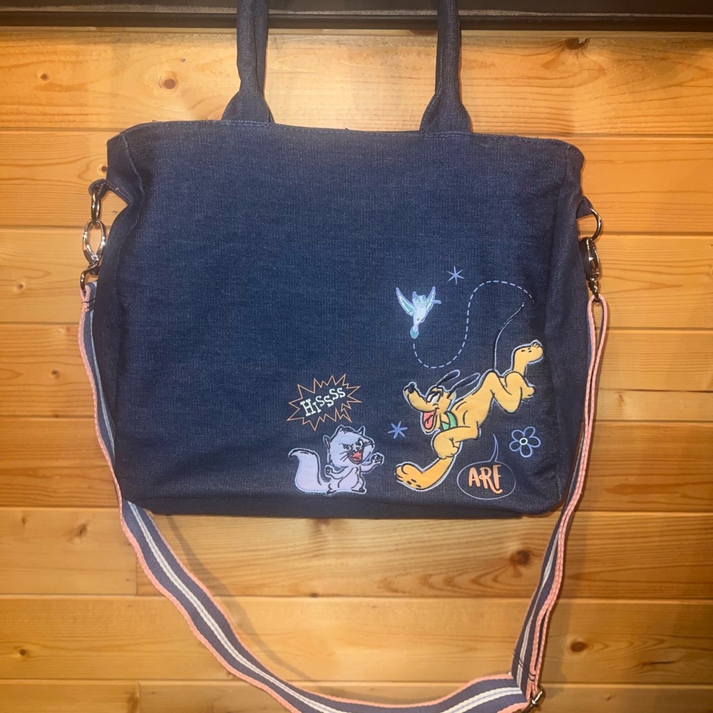 Disney Blue denim Tote Bag with striped removable strap.
